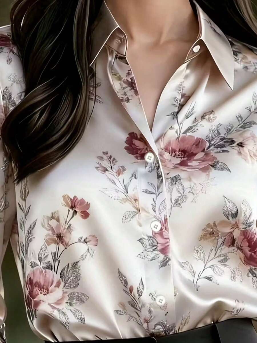 New Spring Fashion Women Satin Elegant Printed Blouse, Front Button Design, Suitable For Business Casual, Machine Washable Vacation - 混合色 - 查看 1