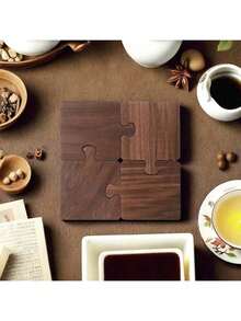 4pcs Retro Black Walnut Wood Puzzle – Wooden Puzzle-Style Coasters, Suitable For Beverage, Beer, And Coffee. Features Excellent Heat Insulation. Perfect As Christmas, Valentine's Day, Or Father's Day Gifts (Minor Color Variations May Exist In Each Wooden Piece).