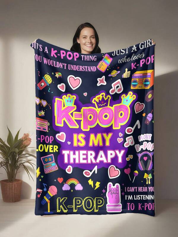 1pc K-POP Themed Soft Fleece Blanket, Dark Blue Base With Neon Pink, Yellow And Graphics - Lightweight, Suitable For All Seasons, Great For Sofa, Bed, Beach, Camping, Halloween And Birthday Gift, Machine Washable