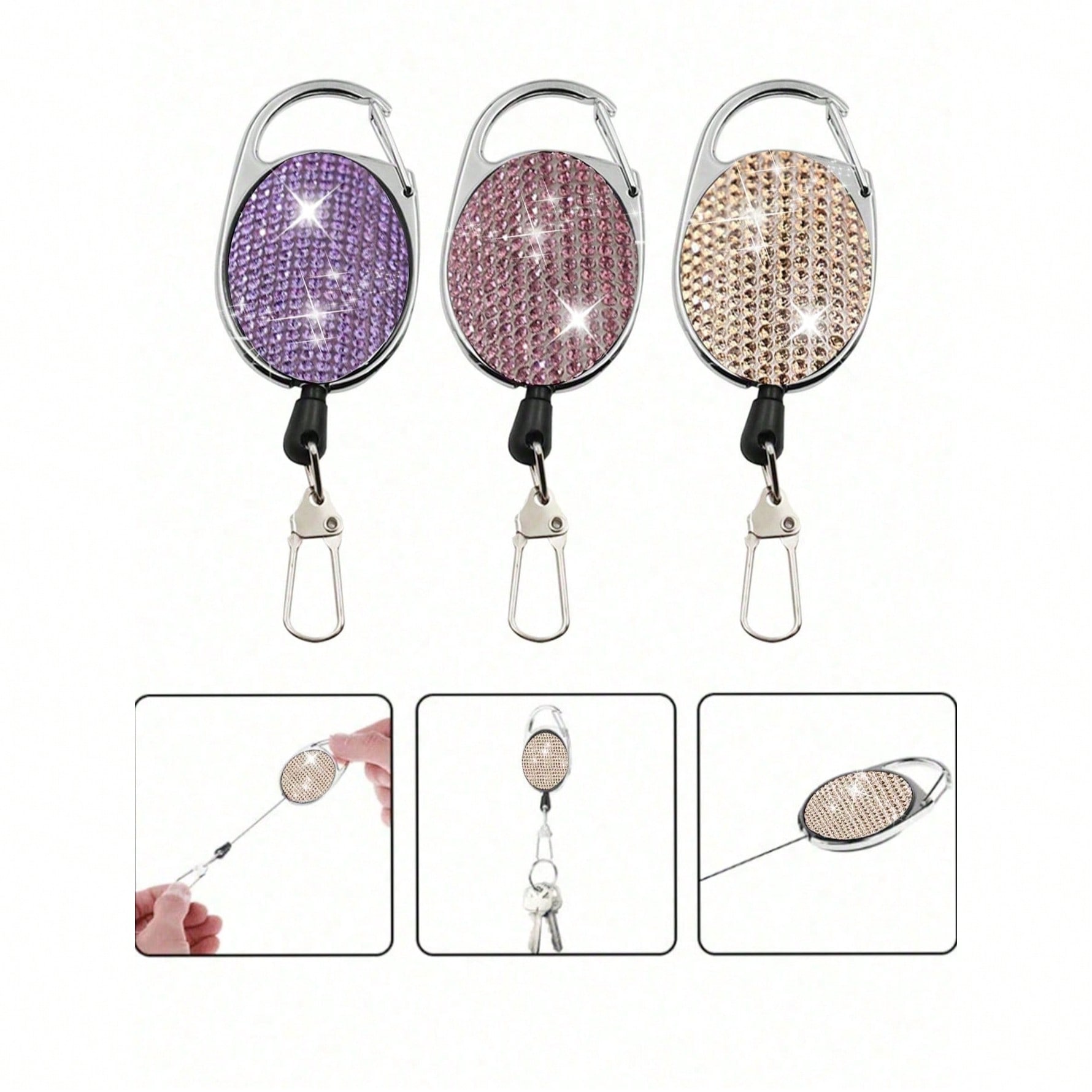 Rhinestone Retractable Keychain, Shiny Accessory, Easy Pull, 360° Rotation, With Belt/Carabiner, Built-In Nylon Rope, Keyring, Button, Tool Extractor, Creative Carabiner Keychain, Anti-Drop Anti-Theft Nylon Rope Lock, Outdoor Climbing Carabiner Pendant, Can Be Hung On Keys, Business Cards, Phone Straps, Backpacks, Mother's Day Gift, Birthday Souvenir