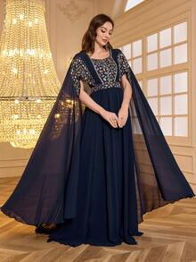 SUPGIR Women's Square Neck Dolman Sleeve Waist Cinched Luxurious Jewel Embroidered Ruffle Hem Split Hem Evening Gown - Navy Blue - View 5