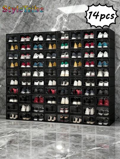 StyleTribe 6/14 Piezas Cajas de Zapatos Transparentes con Tapa -Zapatos Transparentes - Organizadores Apilables para Clóset, Ahorrador de Espacio Antipolvo | Fácil Armado, Plástico Duradero | Incluye Separadores para Tacones/Botas/Tenis, Se Pueden Usar como Cajas de Zapatos en Miniatura para Dormitorio, Casa, Entrada, Pasillo, Artículos de Sala de Estar, Organización y Almacenamiento en el Hogar