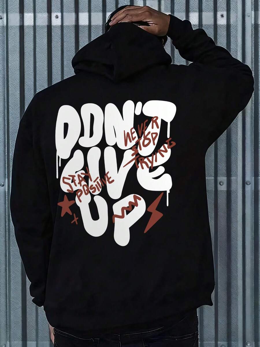 男士休闲时尚“永不放弃”标语印花袋鼠口袋抽绳连帽衫，保暖内衬，秋冬款 - 黑色 - 查看 1