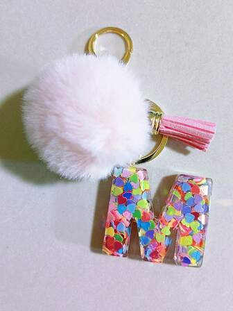 26 piezas Llavero con bola esponjosa y linda, Dije de bolso con inicial en epoxy negro, Adecuado para recuerdos de fiesta