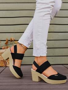 时尚优雅的弹力包头粗底露跟女士休闲坡跟凉鞋 - 黑色 - 查看 6