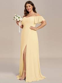 EVERPRETTY Plus Size Elegant Romantic Alluring Off-Shoulder Split Yellow Bridesmaid Dress, Spring/Summer Wedding Guest Dress - Yellow - View 5