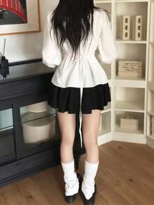 French Style Puff Sleeve 3/4 Sleeve Bowknot Waist Slim Fit Blouse For Women - White - View 2