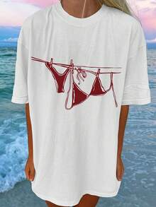 Women'S Bikini Graphic T-Shirt - Beach Vacation Swimwear Top, Lightweight Crew Neck Summer Shirt For Poolside, Casual Outfits - White With Red Bikini Print - Everyday Summer Clothing, Poolside Attire, Playful Design, Comfortable Fit, Short Sleeve Top, Vacation Wardrobe - 白色 - 查看 6