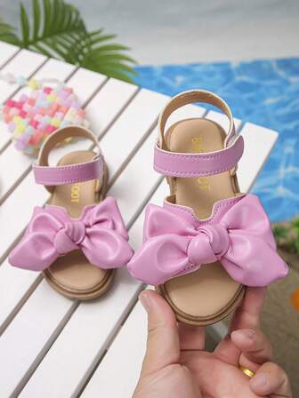 1 Pair Little Princess Bow Decor Casual Versatile Children Flat Sandals, Soft & Comfortable Hook And Loop Closure, Suitable For Summer