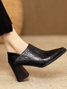 7cm Side Zipper Square Toe Chunky Heel Pumps, Black, Comfortable High Heels, Versatile For Spring & Autumn - Black - View 6