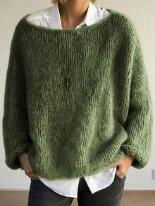 Plus Size Women Casual Solid Color Round Neck Long Sleeve Sweater - Green - View 3