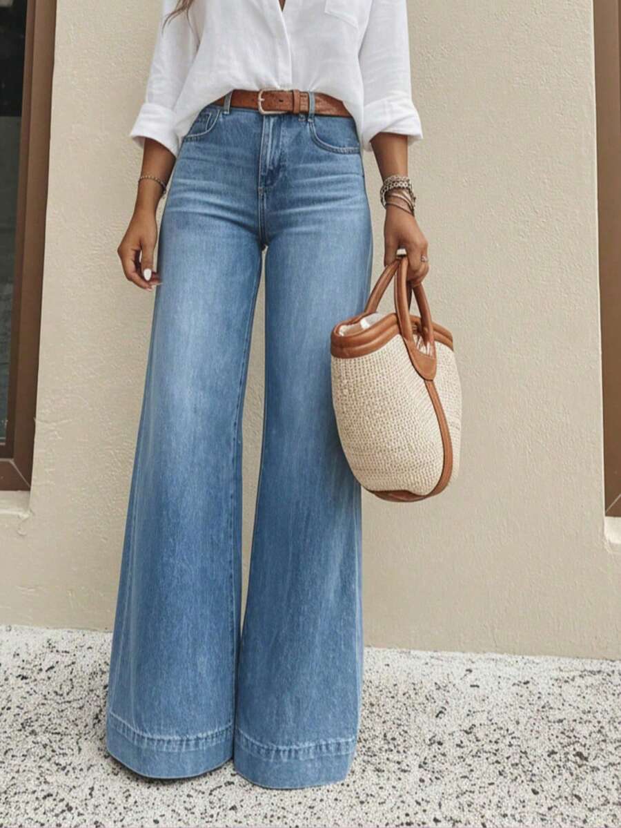Teen Girls' Casual Vacation & Commute Versatile Elastic Comfortable Loose Wide-Leg Jeans, Belt Not Included - Medium Wash - View 1