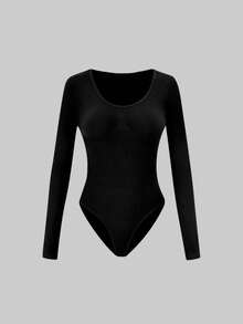 1件装女士黑色无缝圆领长袖塑身衣，全包覆舒适连体衣