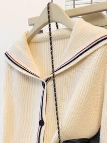 JIANHU 奶油色水手领针织开衫 - 秋冬款，黑红条纹饰边，4 颗纽扣 | 圣诞派对和校园约会 - 白色 - 查看 7