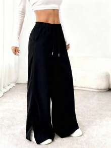 Women's High Elasticity Long Straight Drawstring Pants, Comfortable Fabric - Black - View 5