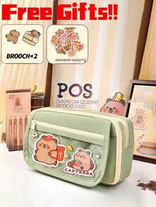 7pcs Set, Including Pencil Case & Doll, 5pcs Stickers, Cute Hamster Pencil Box, Multi-Layer Hamster Pencil Box, Hamster Brooch Hamster Bag, For Organizing School Items, Pens, Rulers, Erasers, Home Decor, (5pcs Stickers Random) - Beige - View 5
