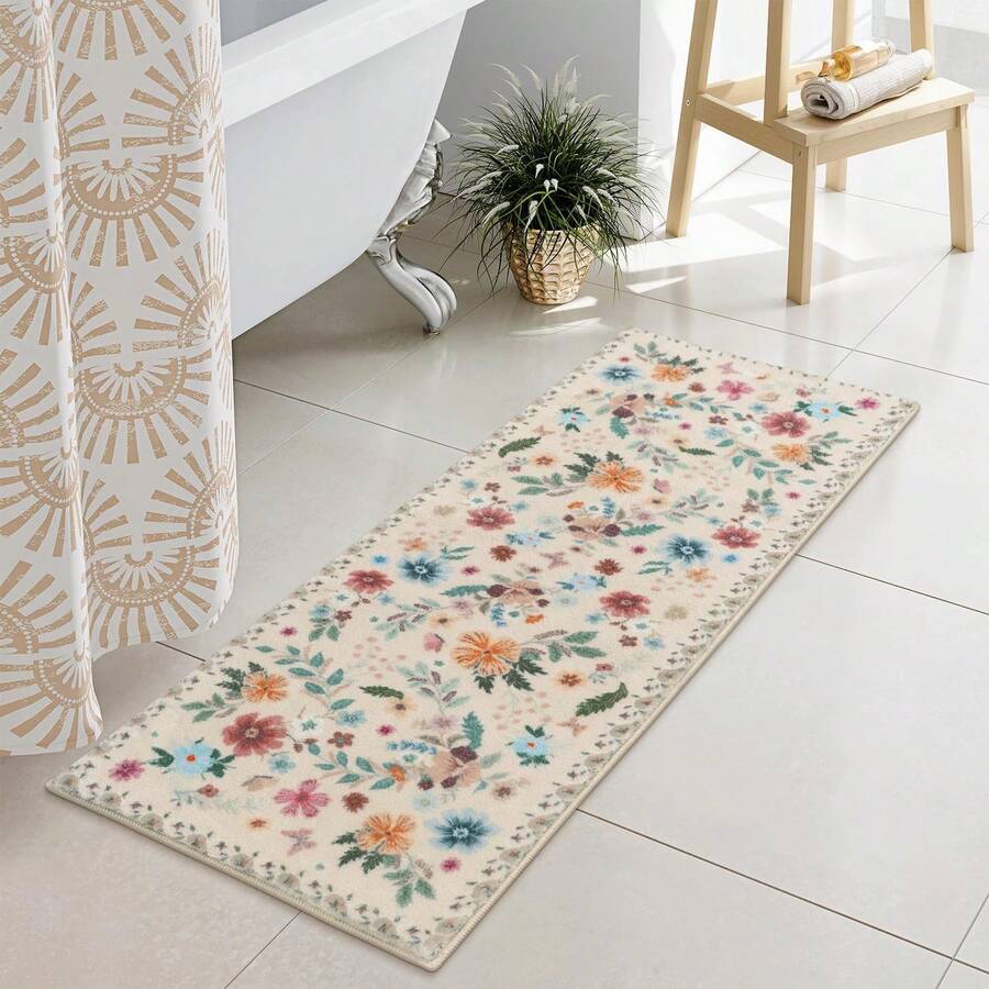 Uphome Bathroom Runner Rug, Boho Beige Long Bath, Modern Plush Soft Washable Bath Rug, Non-Slip Farmhouse Botanical Floor Carpet Entryway Bathroom Bedroom, 18x47 Inch - 粉色 - 查看 1