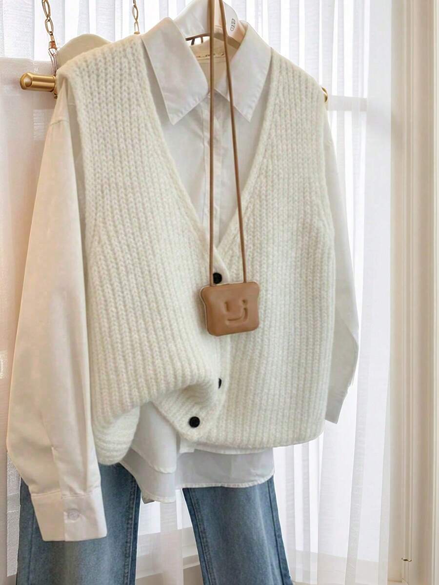 JIANHU Sweter-kamizelka z grubej dzianiny na jesień i zimę dla kobiet, przytulny sweter bez rękawów z dekoltem w serek, swobodny, warstwowy look na Święto Dziękczynienia i powrót do szkoły