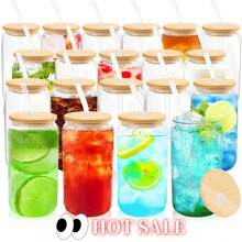 Glass Tea Coffee Cups Set 20pcs/Set (6pc 500ml Water Cup +6pc Bamboo Lid + 6pc Glass Straw + 2pc Straw Brush) 18 Ounce (Approximately 516 Grams) High Borosilicate Drinking Cup, Cute Boba Bottles, Ice Coffee Cups, Tea, DIY For Restaurant - 20PCS - 查看 1
