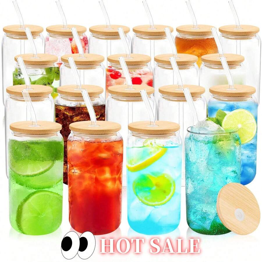 Glass Tea Coffee Cups Set 20pcs/Set (6pc 500ml Water Cup +6pc Bamboo Lid + 6pc Glass Straw + 2pc Straw Brush) 18 Ounce (Approximately 516 Grams) High Borosilicate Drinking Cup, Cute Boba Bottles, Ice Coffee Cups, Tea, DIY For Restaurant - 20PCS - 查看 1