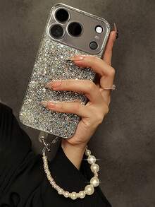 Luxury Silver Sequin Phone Case With Wrist Strap, Compatible With IPhone 17 Pro Max/17 Pro/17 Air/17/16 Pro Max/16 Pro/16/16 Plus/15/15 Pro Max/15 Pro/15 Plus/11/12/13/14 Pro Max/11 Pro/11 Pro Max/12 Pro/12 Pro Max/13 Pro/13 Pro Max/14 Pro/14 Pro Max, Full-Coverage Anti-Fall Hard Shell, Minimalist Creative Design For Women - Silver + Bracelet - View 4