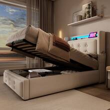 Upholstered Bed 90x200, Single Bed With LED Headboard And USB C Charging Function, Hydraulic Bed With Wooden Slatted Base And Metal Frame, Load Capacity 150 Kg, Beige, Cotton (Mattress Not Included) - Beige + Cotton Linen - View 4