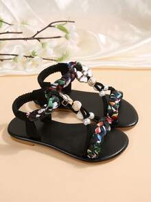 2026新款凉鞋，儿童凉鞋，沙滩凉鞋，名牌凉鞋，时尚米色凉鞋，闪亮钻石凉鞋，波西米亚风凉鞋，舒适耐穿，手工编织鞋带 - 黑色 - 查看 6