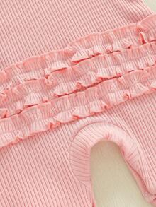 Mono de manga corta para niña con estampado de béisbol y letras, cuello redondo acanalado y diadema con lazo - Rosa intenso - Ver 5