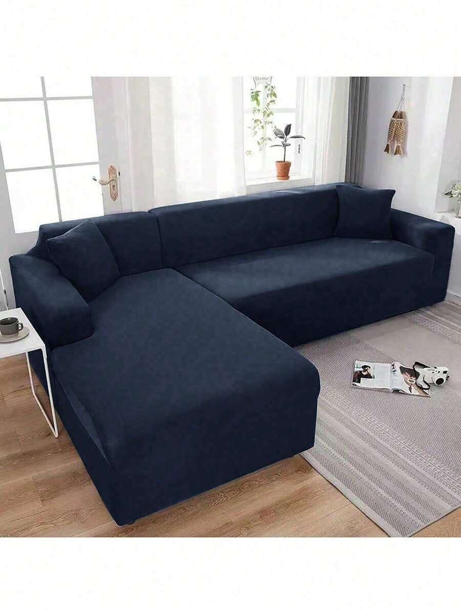 1pc Solid Color Milk Silk Stretch Sofa Cover, Modern All-Season One-Piece Full Coverage Sofa Protector, Pet Friendly Machine Washable Sofa Slipcover, 1-Seater, 2-Seater, 3-Seater, 4-Seater - Navy - View 1