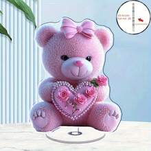 2D Acrylic Pink Bear Desktop Decor With Heart & Rose, Valentine's Gift, Suitable For Home, Office, Cafe, Restaurant - Indoor & Outdoor, Cute Plush Teddy Bear With Pearl Necklace And Pink Bow, Perfect Gift Item, Heart Decor | Acrylic Structure, 3D Figurine, Elegant Decoration, Durable Material, Lightweight Decor, Rose Decor, Romantic Decor - Multicolor - View 9