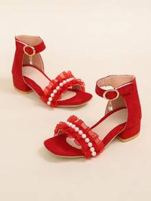 A Pair Of The Latest Summer Children's Faux Pearl Ruffled Hook And Loop High-Heeled Sandals - Red Design, Fashionable, Casual And Comfortable. It's An Excellent Choice For Shopping In The Mall, Summer Vacation, Daily Outings And Park Walks, And Can Be Easily Matched With All Kinds Of Children's Clothing. - Red - View 2