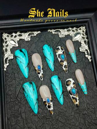 10pcs Y2K Baroque Style Shiny Cat Eye Metal Acrylic False Nails Set, Including Pink, Gold, Purple, Orange, Blue, Green Nail Tips, Handmade Press-On Nails With Hand-Painted Floral, Wavy Cat Eye, 3D Tie-Dye, 3D Crown, Heart, Butterfly, Sun, Star, Zebra, Turquoise Designs, Suitable For Christmas, Valentine's Day, New Year And Other Holidays, For Girls And Women, Comes With Gel Stickers And Nail File