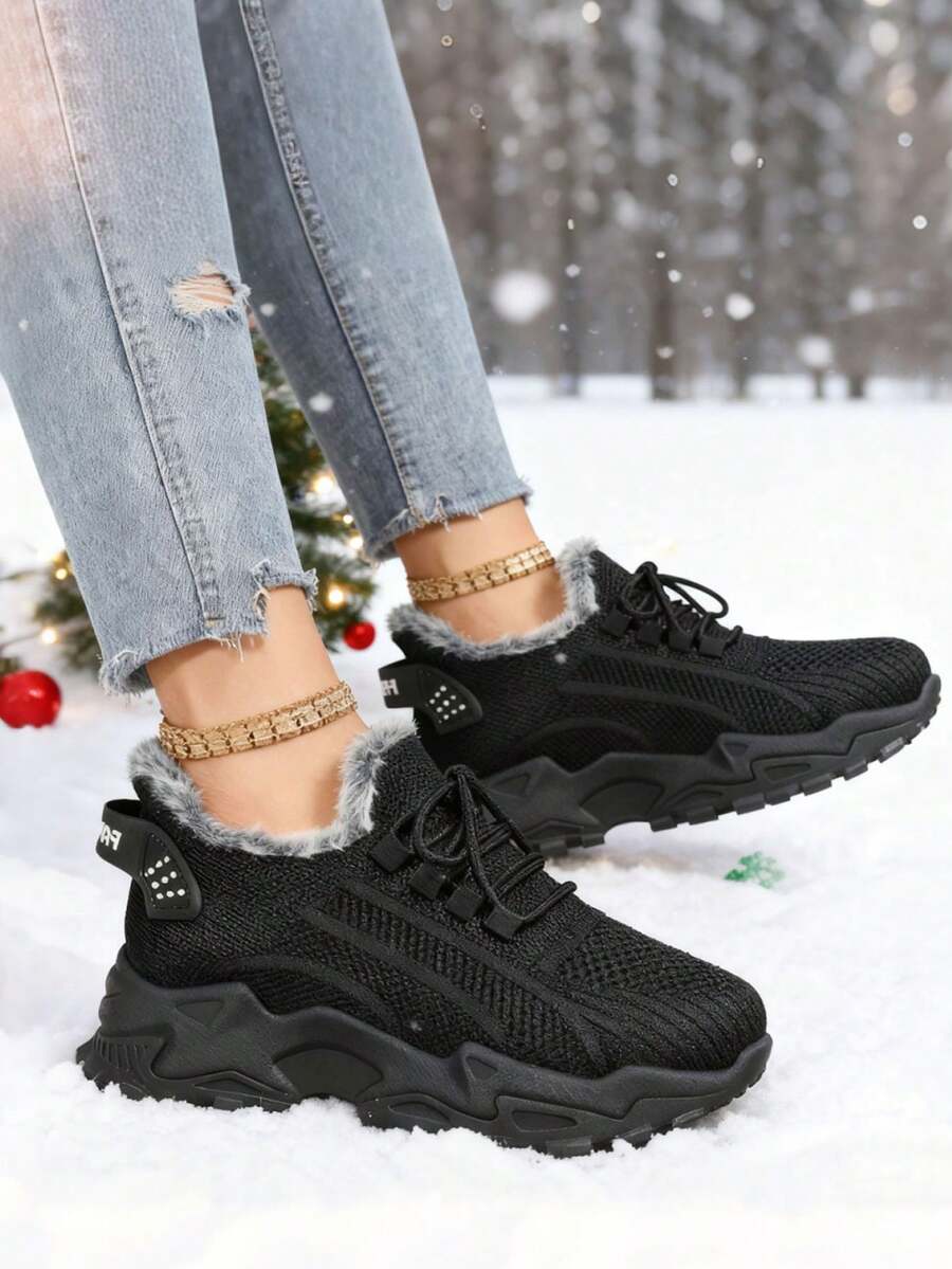 FZY New Winter Women's Snow Boots - Snow Sports Shoes With Non-Slip Rubber Soles, Perfect For Winter Outdoor Activities And Can Be Paired With Christmas Outfits. Suitable For Ice, Snow, And Muddy Environments - All-Terrain Traction, Easy To Put On And Take Off. Plus-Size Women's Winter Boots, Unisex Winter Footwear, Warm And Non-Slip Ankle Boots, Solid Color Minimalist Style Outdoor Hiking Shoes, Fur-Lined. Lace-Up Sneakers With Soft Fabric Lining And Cushioned Insoles. Warm And Comfortable Winter Boots. - 黑色 - 查看 1