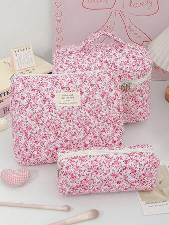 1 Piece/Set Fashion Pink Floral Makeup Bag Quilted Large Capacity Cosmetic Bag Set With Zipper Ditsy Floral Toiletry Wash Bag Fashion Make Up Tool Organizer Cute Cosmetics Storage Clutch Soft Quilted Fabric Portable Travel Makeup Brushes