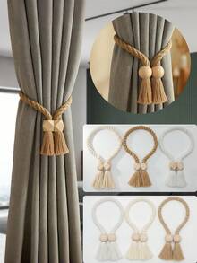 2pcs Bohemian-Style Wooden Bead Curtain Straps With Tassels, Suitable For Farmhouse/Nordic Decoration, Suitable For Living Room, Bedroom, Terrace, Kitchen, Baby Room And Office Curtains