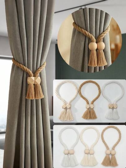 2pcs Bohemian-Style Wooden Bead Curtain Straps With Tassels, Suitable For Farmhouse/Nordic Decoration, Suitable For Living Room, Bedroom, Terrace, Kitchen, Baby Room And Office Curtains