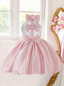 Sleeveless Halter Backless Bow Satin Puffy Elegant Birthday Party Princess Dress For Girls, Suitable For Important Occasions, Festivals, Runway, Does Not Include Headband - Dusty Pink - View 3