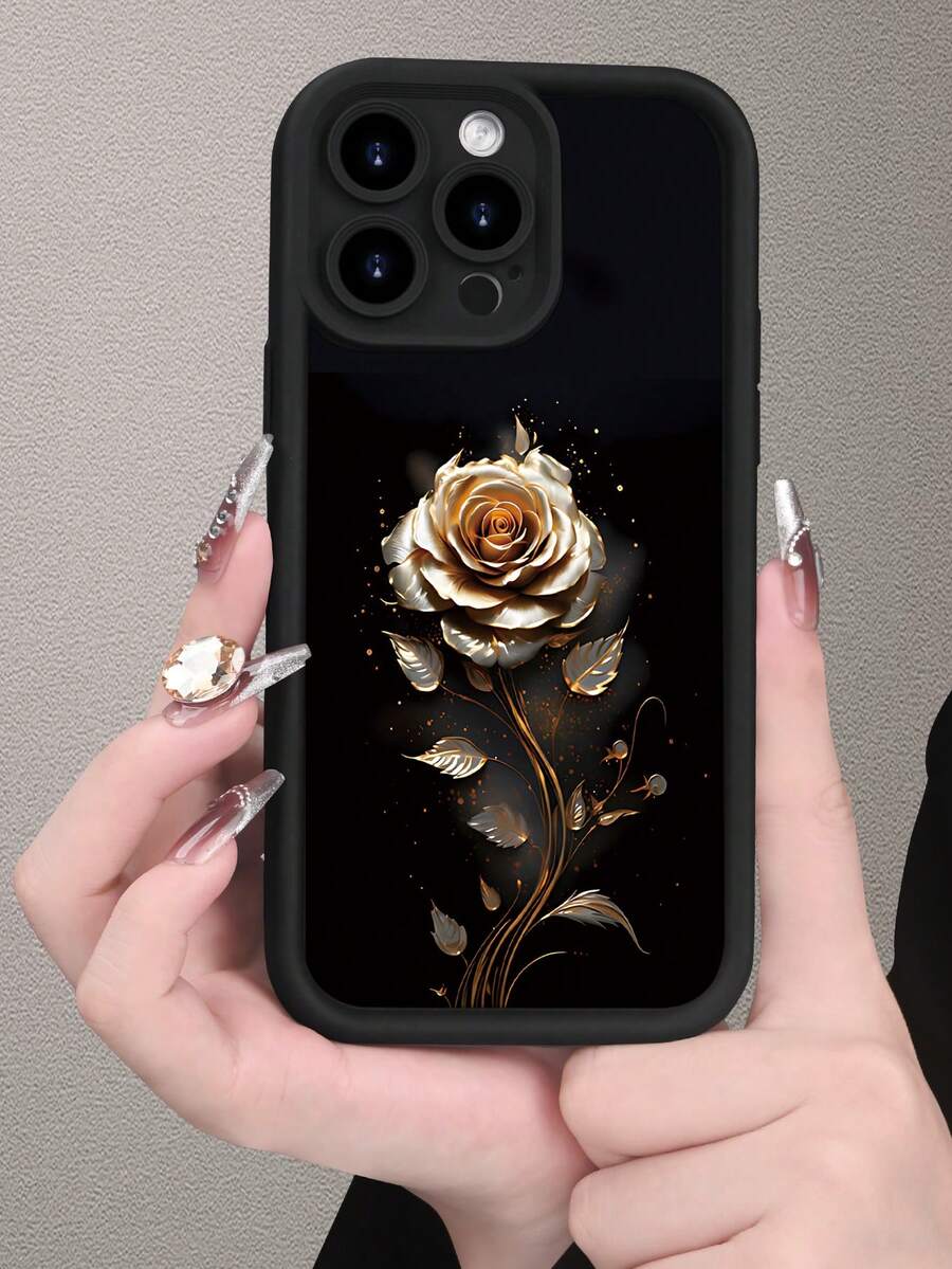 黑色背景上的金色玫瑰图案，兼容苹果 17、16、15、14、13、12、11、XS、XR、X、7、8 Mini、Plus、Pro、Max、SE 及相关系列。采用 TPU 材质，提供有效保护，简约设计，男女皆宜。 - 黑色 - 查看 1