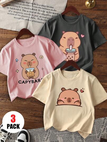 3pcs/Set Girls Casual Printed Round Neck Short Sleeve T-Shirt, Summer Student Young Children Clothing - The Carpe Diem Printed T-Shirt Brings Joy And Happiness To Every Child!