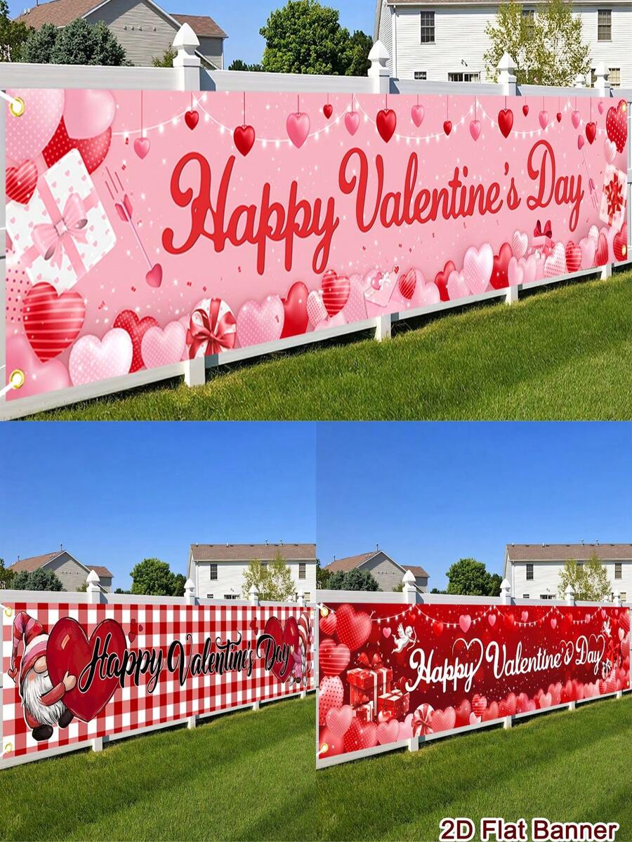 1pc Happy Valentine's Day Banner, 200x40cm Polyester Valentine's Day Outdoor Hanging Banner, Sweet Heart Gift Box & Gnome Pattern Welcome Sign, Happy Valentine's Day Party Supplies, Outside Fence Garage Garden Porch Backdrop Home Decor Wall Room Decor - Multicolor - View 1