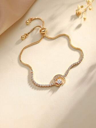 1 pieza Elegante pulsera con piedras de circonita en forma de estrella y luna, regalo de joyería con estilo, adecuado para uso diario de hombres y mujeres, longitud ajustable