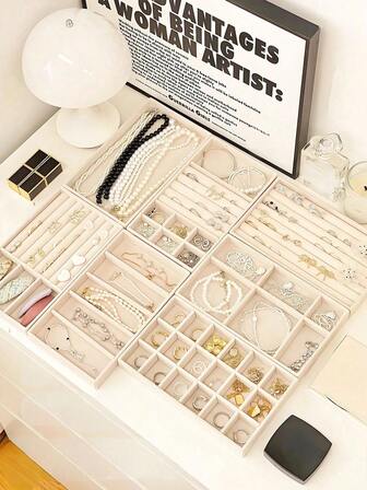 1/9件套天鹅绒首饰托盘，可堆叠首饰展示托盘，女孩/女士首饰展示托盘，可堆叠首饰展示抽屉，项链手链展示盒，适用于戒指、项链、手链、耳环等首饰的收纳整理托盘，非常适合作为返校季、圣诞节、情人节、万圣节礼物、返校必备品、新年礼物、生日礼物。