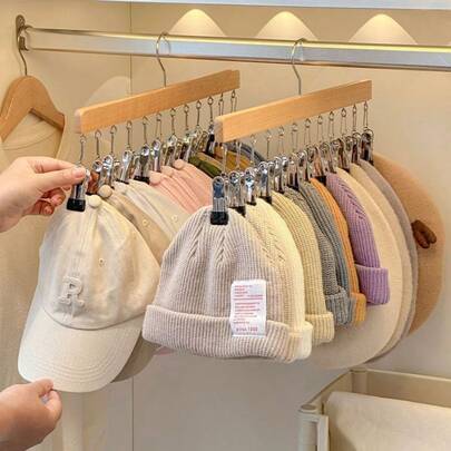 Wooden Hat Storage Rack - 12-Clip Portable Rack For Storing Hats And Baseball Caps, Space-Saving Closet Accessory With Hooks, Suitable For Home And Dorm Use