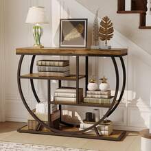 Mesa de entrada con espacio de almacenamiento, consola estrecha industrial de 4 niveles detrás del sofá con base semicircular y estantes para sala de estar, pasillo y recibidor - Marrón - Ver 7