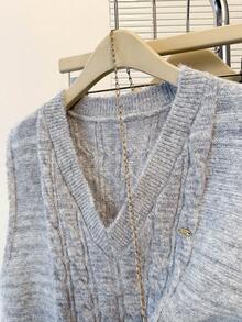 JIANHU Preppy Cable Knit V-Neck Sweater Vest For Fall Layering - Light Grey - View 5