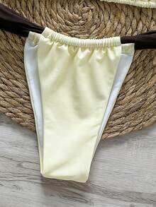 两件套几何图案和热带花卉印花休闲、可爱、优雅、性感波西米亚风系带比基尼套装，女士沙滩度假泳装，春夏款 - 黃色 - 查看 4