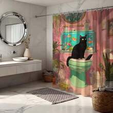 1件黑色猫图案浴帘，独特设计，适合浴室装饰，趣味艺术，家居装饰，仙人掌粉色背景，浴缸配件，72 x 72 英寸，带挂钩，浴室浴帘，涤纶材质，带挂钩。 - 彩色 - 查看 7