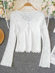 Women's White Lace Bow T-Shirt, Sweet & Sexy Street Style, Long Sleeve Undershirt For Spring/Summer - White - View 9