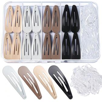 48个按扣式发夹，100个透明发圈，女士/女孩金属发夹，2英寸哑光黑棕色纯色休闲合金发饰，适合所有季节