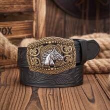 2pcs/1pc Denim, Horse Shaped Buckle Men And Women's Belt, Personalized Bull Head Buckle Waist Belt, Retro Embossed Craft Leather Belt, Suitable As Gift For Boyfriend Or Girlfriend - Multicolor - View 7
